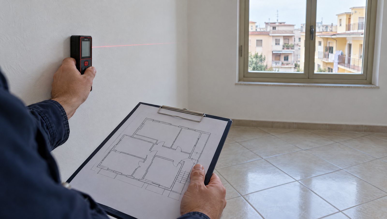 Tecnico che misura una stanza: la conformità catastale e urbanistica si controlla sullo stato reale